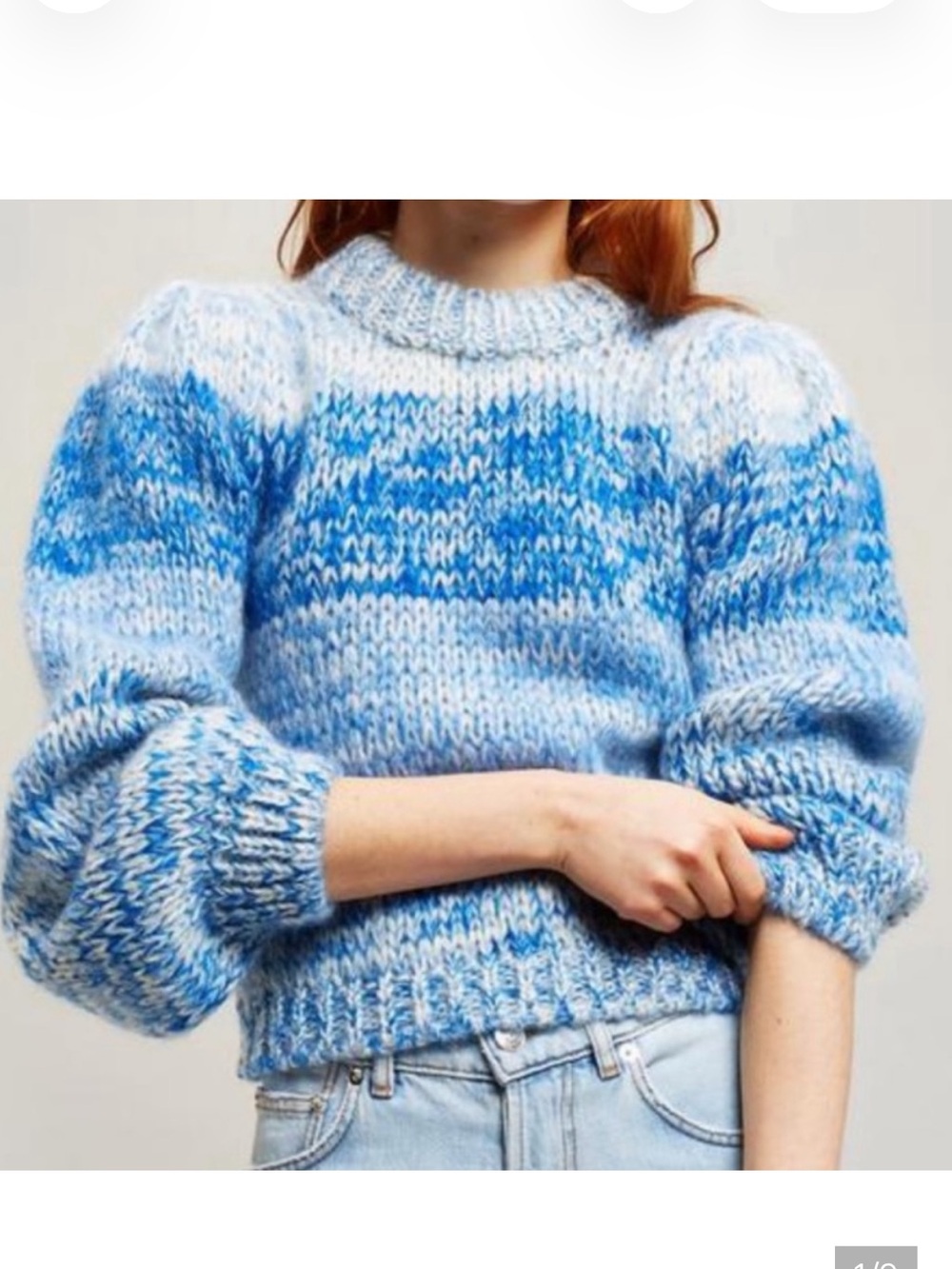 Ganni Julliard Blue Marled Balloon-Sleeve Crewneck Sweater